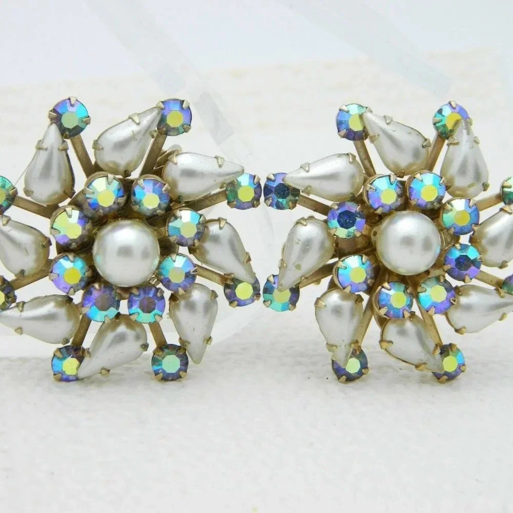 Gold Tone Faux Pearl Blue AB Rhinestone Star Set